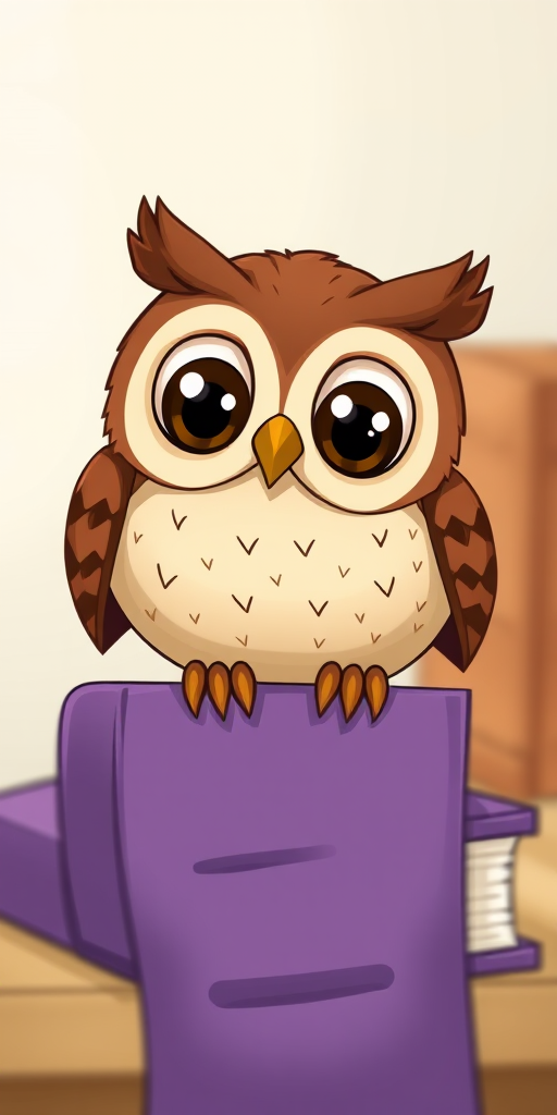 Create a detailed cartoon-style illustration of a cute brown owl with big eyes perched on top of a purple book, using a DSLR camera with a 50mm lens, f/2.8 aperture, ISO 100, soft natural lighting, and a slight tilt-shift effect for enhanced depth of field.