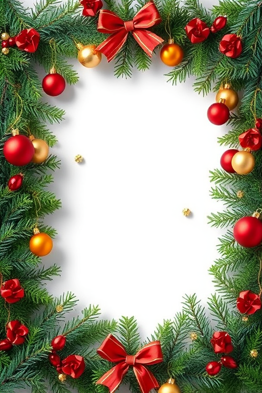 Create an image of a festive holiday frame with evergreen branches, red and gold ornaments, and delicate decorations around the edges. The center should remain empty for text, and the overall tone should be cheerful and bright, evoking a Christmas theme.