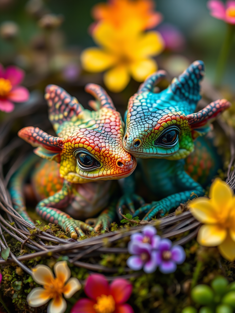 Close-up shot of two colorful baby dragons with intricate scale patterns and vibrant features resting in a mossy nest surrounded by flowers, shallow depth of field, f/2.8 aperture, ISO 100, 85mm lens, soft natural lighting, taken with a DSLR camera.