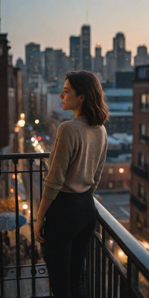 Woman standing on a balcony overlooking a bustling city street, the evening lights coming on below as she leans on the railing, watching the world go by.