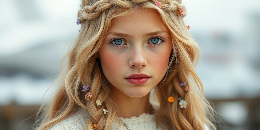 Create an image of a young Inuit woman with long, wavy blonde hair, adorned with small, colorful flowers woven into her braids and loose strands. Her complexion is fair, with soft, glowing skin, and she has light blue eyes that gaze softly at the viewer. She wears a light, flowing dress with a gentle, ethereal quality, complementing her delicate and serene appearance. The background is slightly blurred, drawing focus to her tranquil expression and the intricate details of the flowers in her hair. The overall mood of the image is one of natural beauty and grace, evoking a sense of peacefulness and connection with nature.