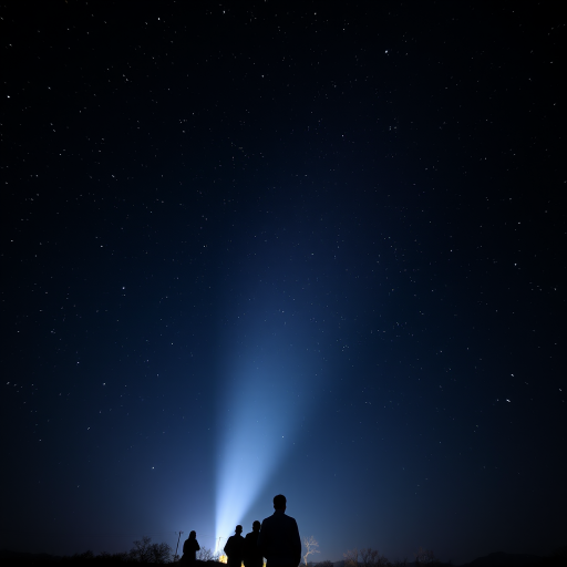 Night sky with stars and a bright beam of light cutting through the darkness, silhouetted figures observing the scene, captured with a Canon EOS 5D Mark IV, ISO 1600, f/2.8, 30 seconds exposure, wide-angle lens at 24mm, low angle view for dramatic effect.