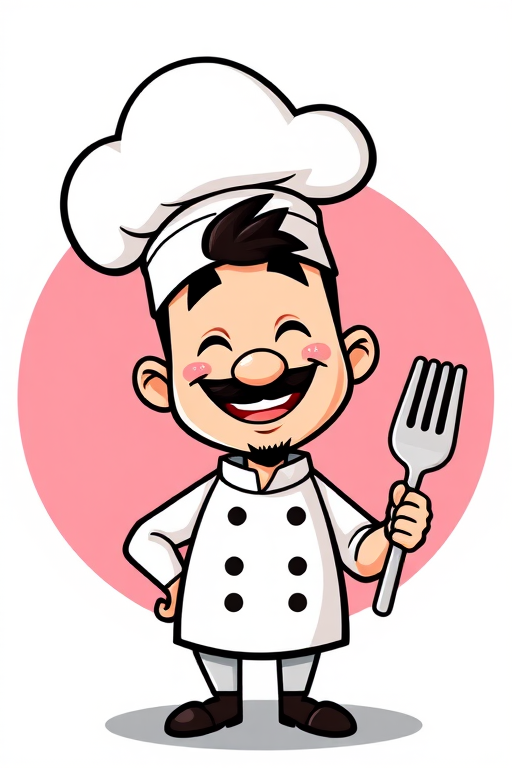 Generate a cartoonish chef character with a playful expression, holding a fork, set against a circular pink and black background, high resolution, shot with a Canon EOS R5, ISO 100, aperture f/2.8, 50mm lens, soft focus style.