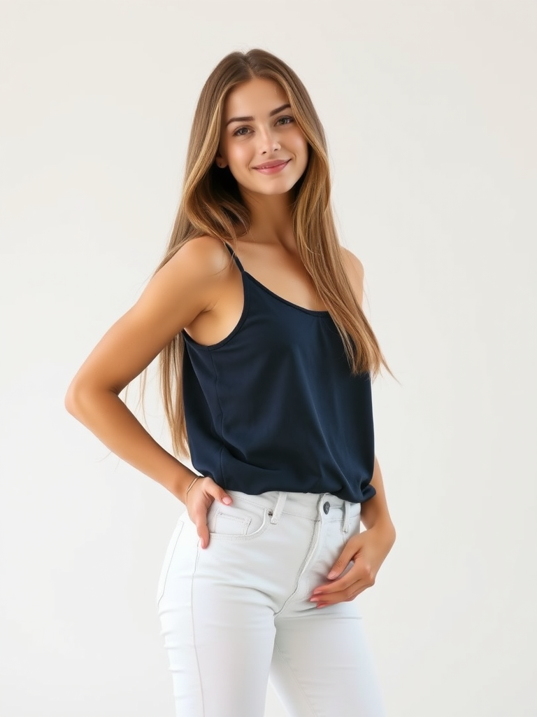 Generate an image of a stylish young woman with long light brown hair, wearing a navy tank top and white jeans, standing confidently with one hand on her hip and a slight smile, in a clean, minimalistic background, shot with a DSLR camera at 50mm, f/1.8 aperture, ISO 100, natural lighting for high detail and vibrant colors.