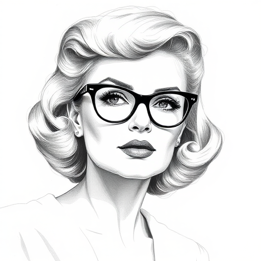 Beautiful Bette Davis, pencil sketch, portrait of beautiful woman 60s in glasses, hair style beatnik, outline, clear lines, fine lines, 8k