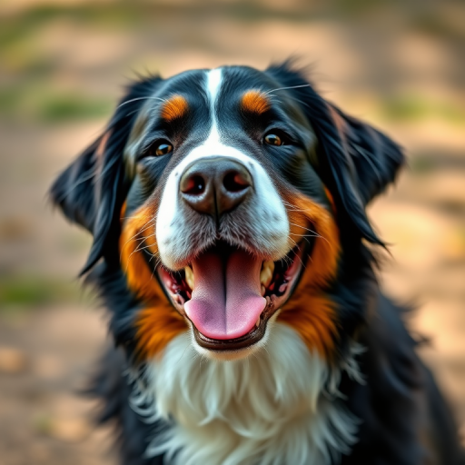 A close-up portrait of a Bernese Mountain Dog with a joyful expression, captured in natural light, using a DSLR camera with an 85mm lens, aperture set to f/1.8 for shallow depth of field, ISO 100 for clarity, and a soft-focus background to enhance the dog's features.