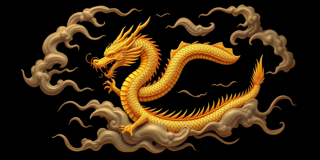 Create a majestic golden dragon entwined in swirling clouds against a black background, full-body view; use a DSLR camera with a 50mm lens, aperture f/1.8, ISO 100, and a 1/200s shutter speed for high detail and clarity.