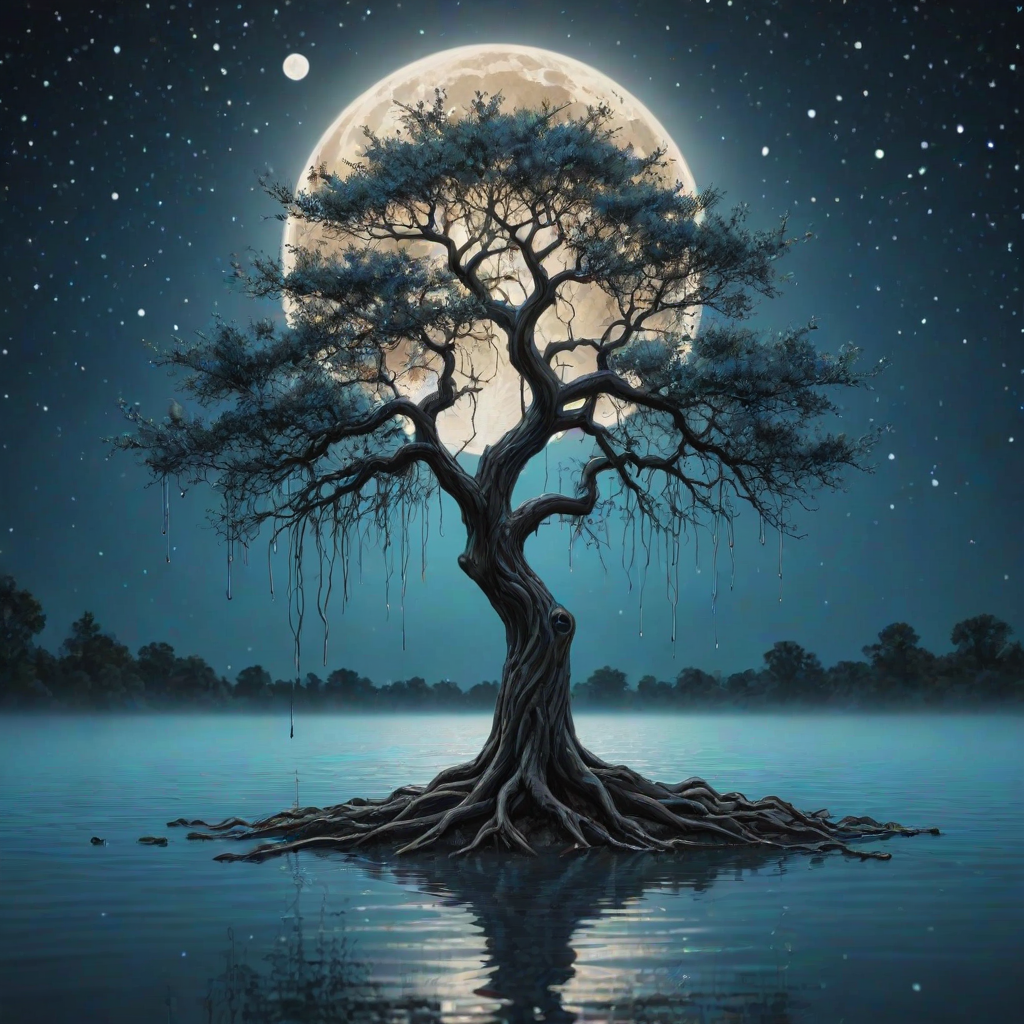 painting of a tree with a full moon in the background and water dripping from its branches, fantasy art, alcohol ink, 3D, 4K, HDRi