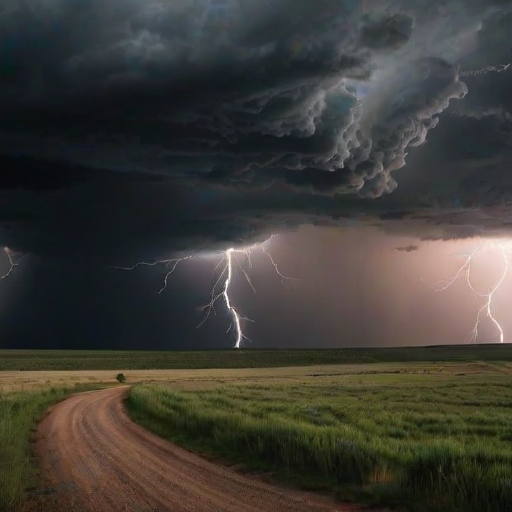 Dramatic thunderstorm over a vast landscape, dark clouds swirling, and flashes of lightning illuminating the scene, creating a sense of nature's power.