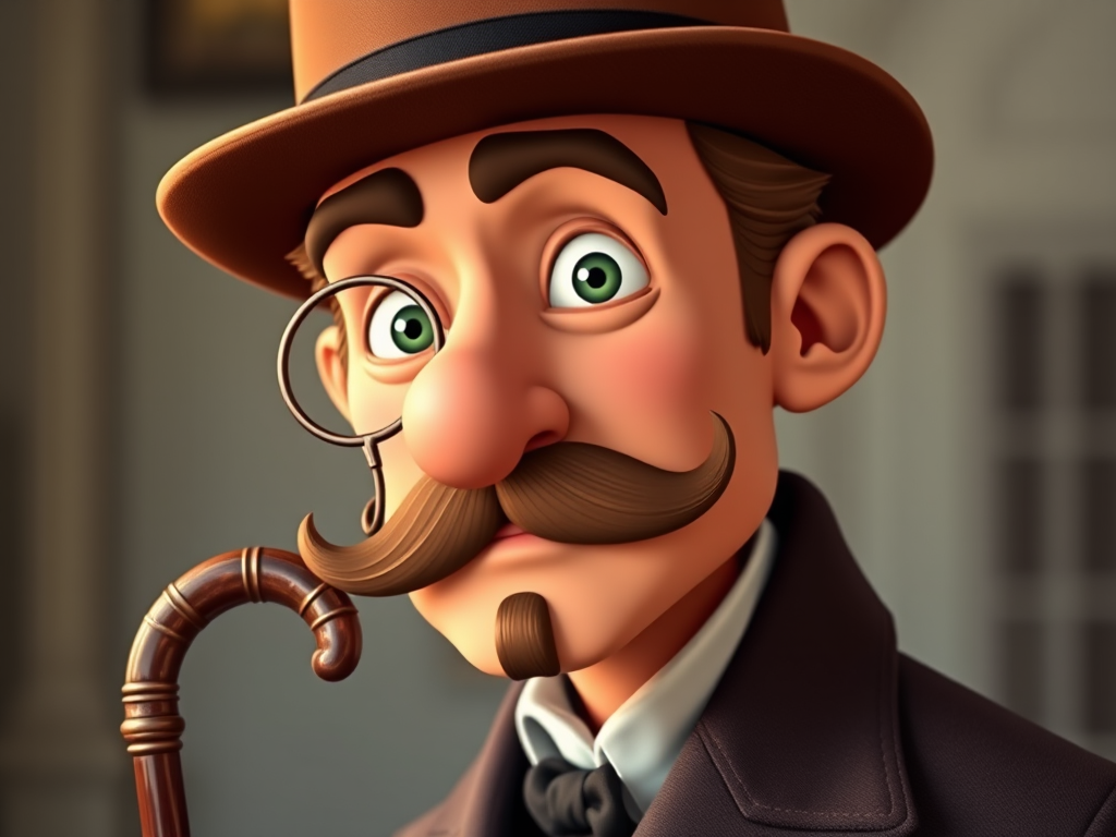 Create a high-resolution cartoon-style image of a mustached man in a brown bowler hat and coat, holding a cane, with a monocle on his left eye, photographed with a Canon EOS R5, 50mm lens, f/1.8 aperture, ISO 100, in soft natural lighting.