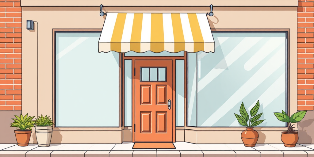 Create an illustration of a shopfront with a wooden door, awning, and large window, using a clean and modern vector art style, captured with a 50mm lens, f/4 aperture, in natural light, with a shallow depth of field to emphasize the details.