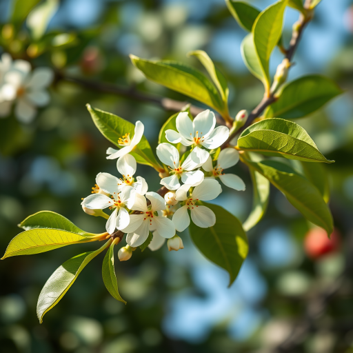 Generate a high-resolution digital illustration of a citrus plant branch with white blossoms and green leaves, using a Canon EOS 5D Mark IV, aperture set at f/2.8, focal length of 50mm, ISO 100, and overhead natural lighting to enhance colors and details.