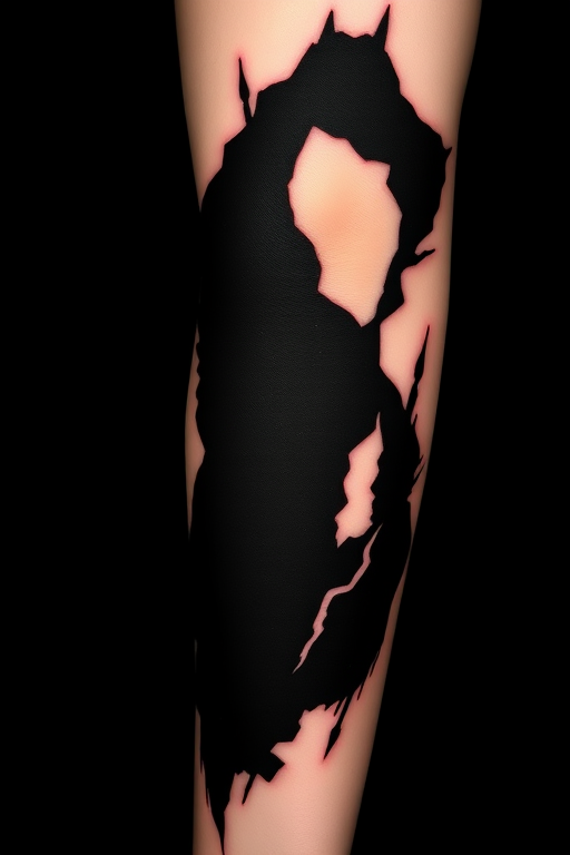 Blackout tattoo style named "Negative Space Illusion" using large areas of solid black ink with strategic gaps to create striking silhouettes and shapes, suitable for bold arm or leg designs