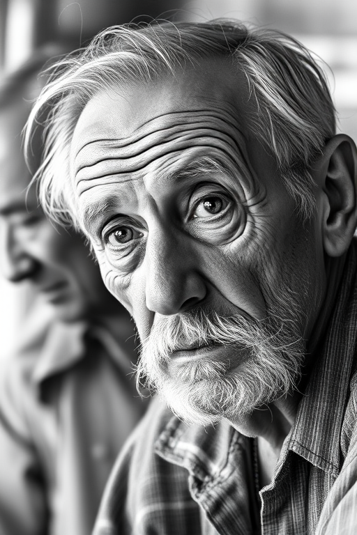portrait of an elderly man with a contemplative expression, high contrast black and white pencil sketch style, natural light, ISO 100, f/2.8, 50mm lens, shallow depth of field, soft focus background, monochrome textures enhanced