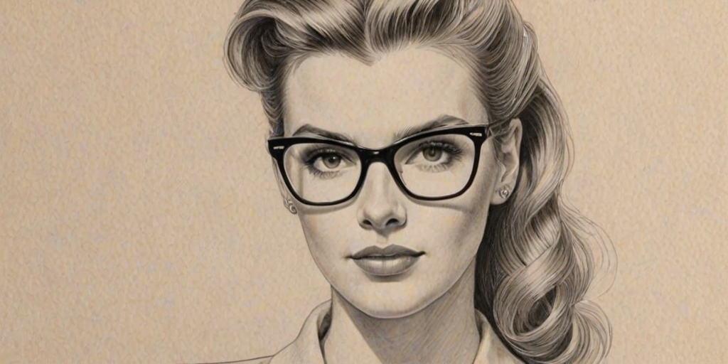 Lovely Betty Gilpin, pencil sketch, portrait of Attractive woman 1957s in glasses, hair style beatnik, outline, clear lines, fine lines, 8k
