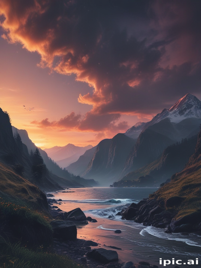 Serene Sunset Over Majestic Mountains and Tranquil River Valley Landscape