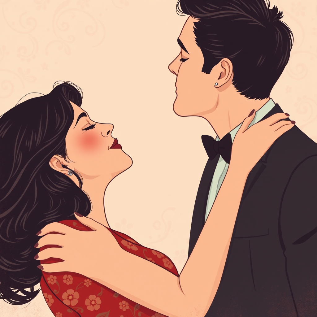 Create a romantic vintage illustration of a couple kissing, the man in a dark suit and the woman in a red floral dress, soft pastel background, shot with a Canon EOS R5, 50mm lens, f/1.8, natural lighting, high resolution.