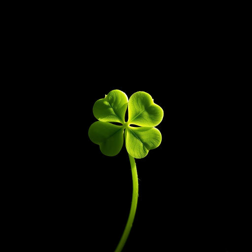 Close-up shot of a four-leaf clover on a black background, sunlight illumination, ISO 100, f/2.8 aperture, 50mm lens, shallow depth of field, macro photography style.