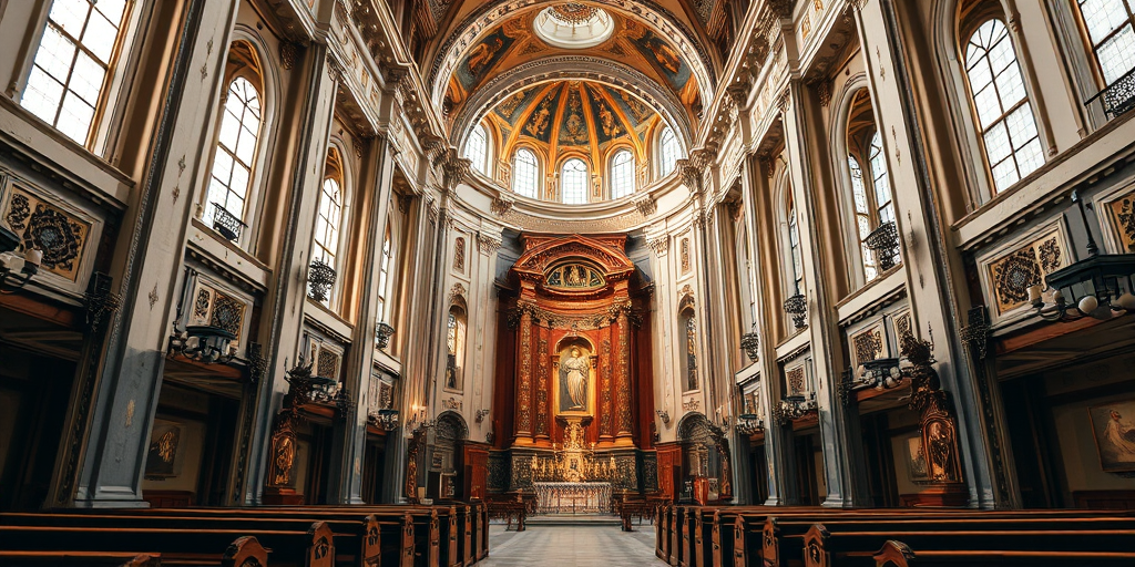 interior of an ornate church with a focus on the altar, wide-angle view, f/8 aperture, ISO 200, 18mm lens, natural lighting emphasizing the details, high dynamic range imaging, shot with a full-frame DSLR camera