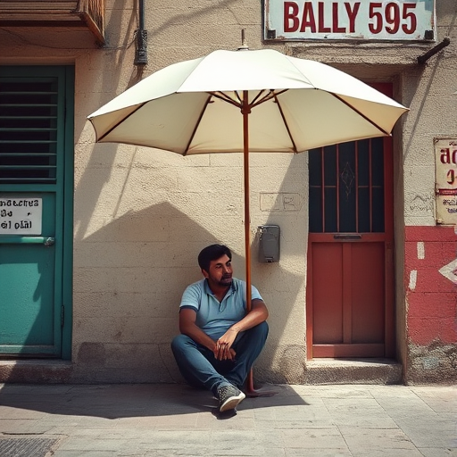 Capture a candid moment of a person sitting against a wall in a vintage urban setting, shaded by a large umbrella, using a DSLR camera with a 50mm lens, aperture set to f/2.8, ISO 100, natural light, with a slight vignette effect to enhance the focus on the subject.