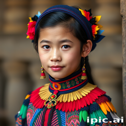A beautiful Miao girl, wearing colorful bird clothing with vibrant colors