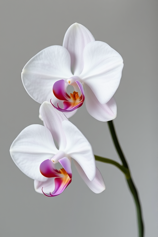 create a high-resolution image of two stylized orchids with flowing leaves in soft gray tones, taken with a DSLR camera at f/2.8, 1/100 sec, ISO 100, in a close-up view with natural lighting to enhance detail and depth.