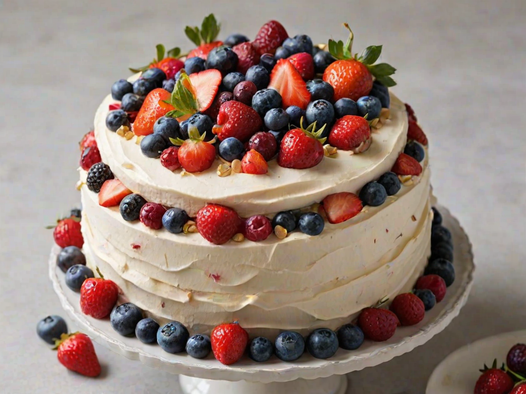 Create a vibrant and delicious cake topped with a variety of fresh berries including strawberries, blueberries, and cherries. The cake should have a smooth layer of creamy frosting, and be adorned with delicate edible flowers for an elegant touch. Ensure the background is dark to highlight the colors of the cake and the toppings.