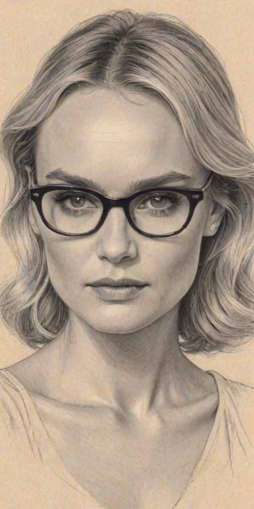 Alluring Diane Kruger, pencil sketch, portrait of Comely woman 1952s in glasses, hair style beatnik, outline, clear lines, fine lines, 8k