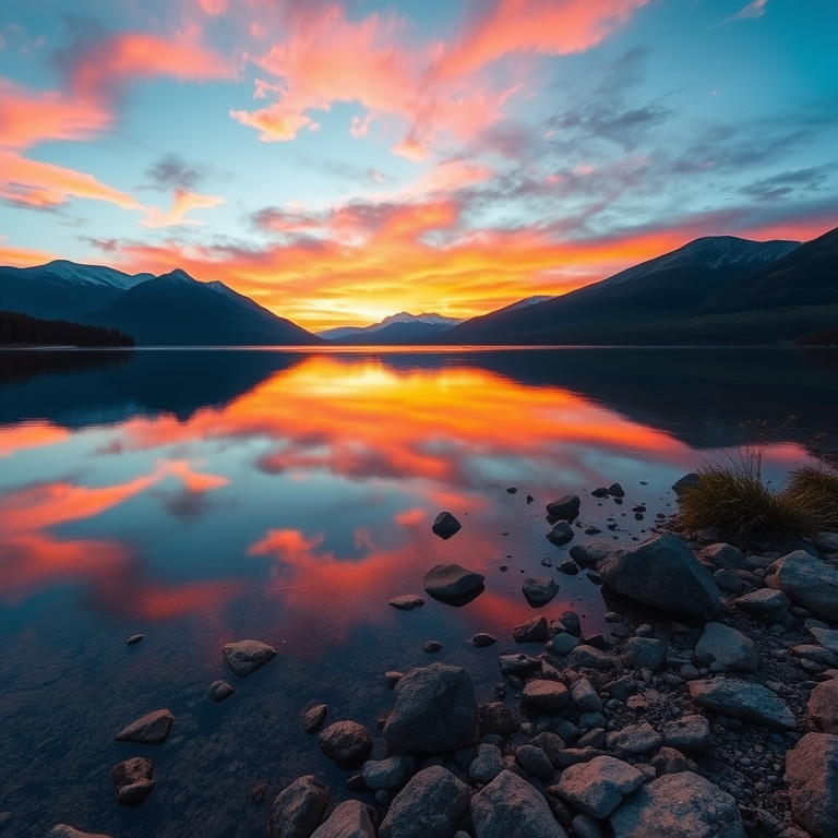 Create a detailed landscape of a serene lake reflecting a colorful sunset with mountains in the background, taken with a DSLR camera at f/8, ISO 100, 1/125s, using a wide-angle lens at a high dynamic range to enhance color vibrancy and depth.