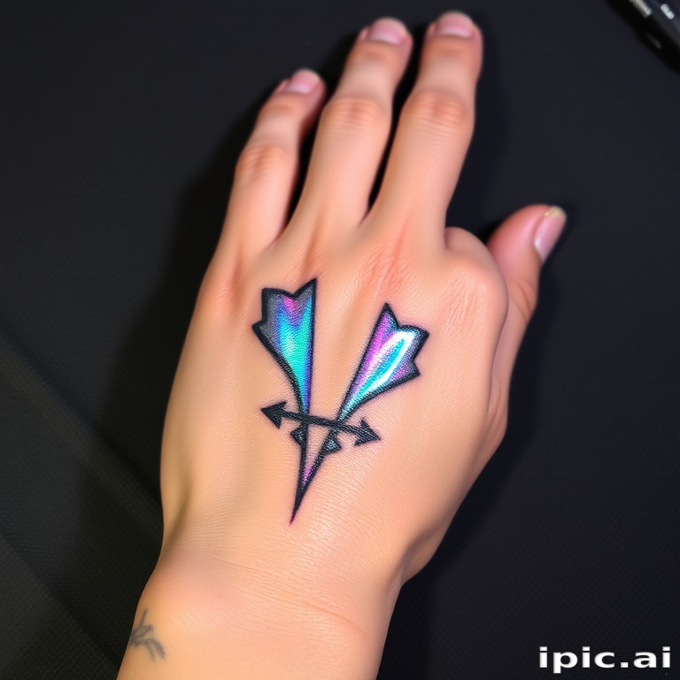 Holographic foil effect tattoo on the back of the hand, utilizing specialized ink and techniques to create a shimmering, color-shifting illusion that catches the light