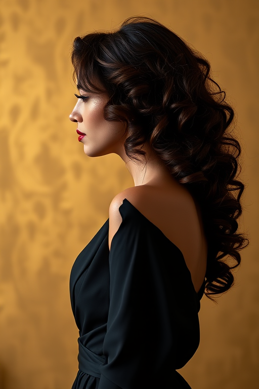 Capture a stunning portrait of a woman in profile with elegant curls and a dramatic black gown against a golden background, using a Canon EOS R5, 85mm lens, f/1.4 aperture, natural soft lighting, and a slight vignette effect for richness.