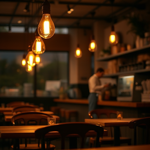 Warmly lit photo of a cozy cafeinterior at dusk, with soft light from hanging Edison bulbs casting warm shadows, wooden tables and chairs in the foreground, and a barista blurred in the background.