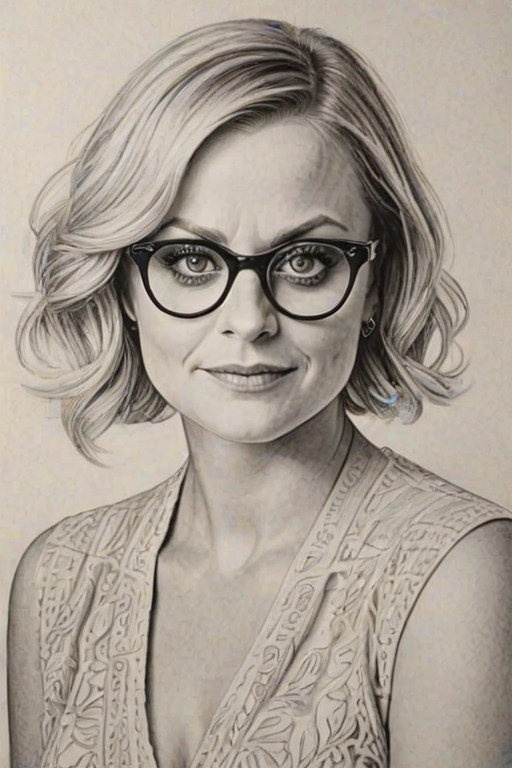 Pleasing Amy Poehler, pencil sketch, portrait of Ravishing woman 1920s in glasses, hair style beatnik, outline, clear lines, fine lines, 8k