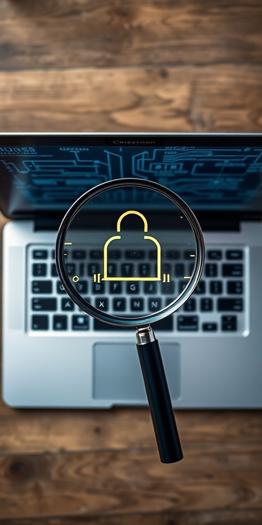 Create a high-resolution image of a laptop with a magnifying glass over the screen, displaying symbols of information and connections, shot with a Canon EOS 5D Mark IV, f/4 aperture, ISO 100, 50mm lens, natural lighting, top-down view.