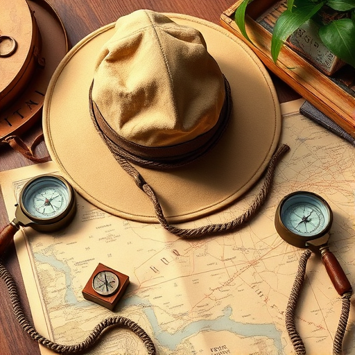 Create an illustration of an explorer's setup featuring a vintage pith helmet, a detailed map, a compass, and a magnifying glass, captured with a DSLR camera at f/8 aperture, 50mm lens, 1/125 sec shutter speed, with soft natural lighting and a shallow depth of field to enhance focus on the objects.