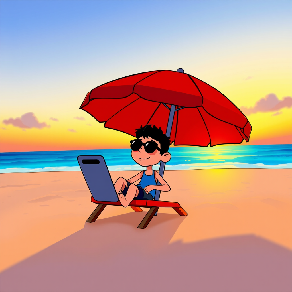 create a vibrant digital illustration of a cartoon character relaxing under a red beach umbrella on a sandy beach at sunset, using a wide-angle lens, f/8 aperture, 1/100 sec shutter speed, with a smooth gradient sunset background, soft lighting, and high contrast for enhanced details.