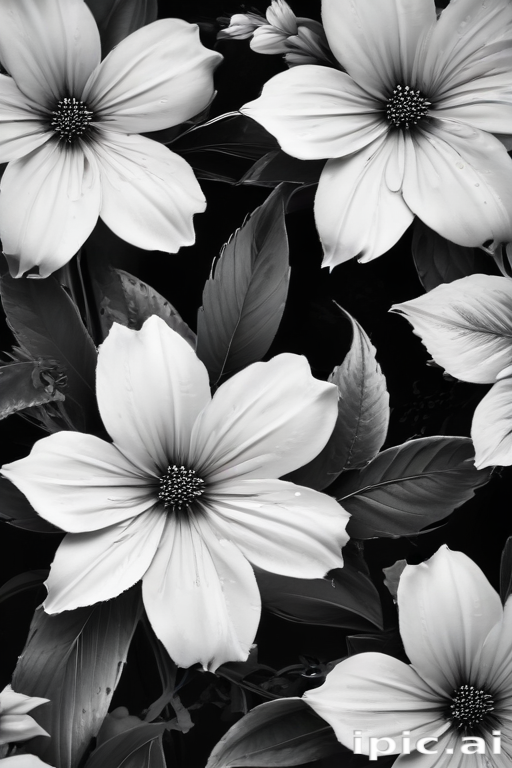 Elegant Black and White Floral Arrangement with Lush Leaves and Petals