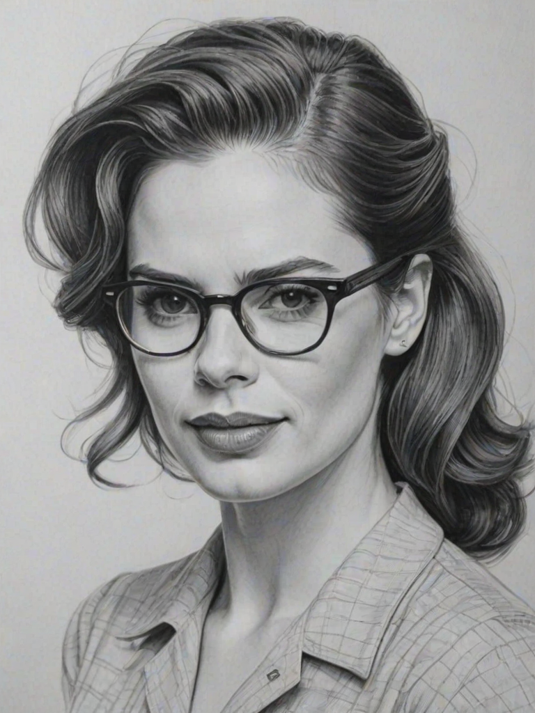 Delightful Hayley Atwell, pencil sketch, portrait of Exquisite woman 1946s in glasses, hair style beatnik, outline, clear lines, fine lines, 8k