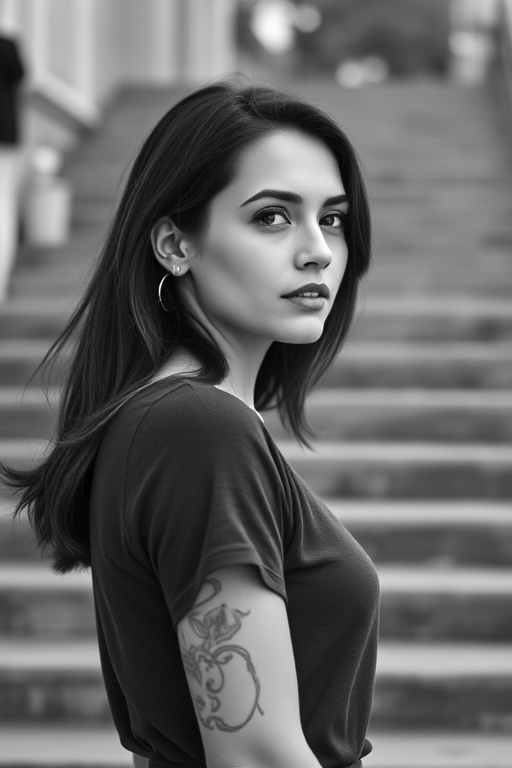 Portrait of a woman standing on steps in black and white, 50mm lens, aperture f/2.8, ISO 100, natural light, side profile, soft focus on the background.