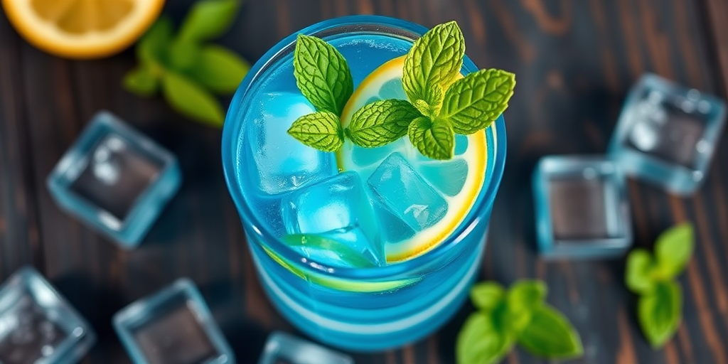 Create a vibrant illustration of a Blue Tahoe cocktail with mint leaves, lemon segment, blue curacao, El Tesoro platinum tequila, lemon juice, champagne, and ice cubes, using a DSLR camera set to f/4 aperture at 1/125 sec shutter speed, ISO 200, with a macro lens and top-down view for enhanced detail and color saturation.