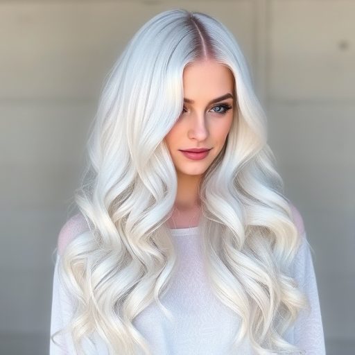 Ethereal white-blonde mermaid waves named "Frost Maiden" featuring ultra-long layers, icy platinum hue with subtle silver highlights, soft cascading curls reaching hips, face-framing pieces delicately styled