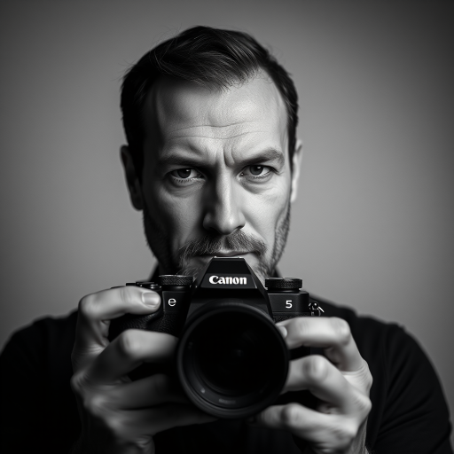 portrait of a man holding a camera with a serious expression, studio lighting, high contrast black and white, Canon EOS R5, 50mm lens, aperture f/1.8, ISO 100, shutter speed 1/200 sec, soft focus background