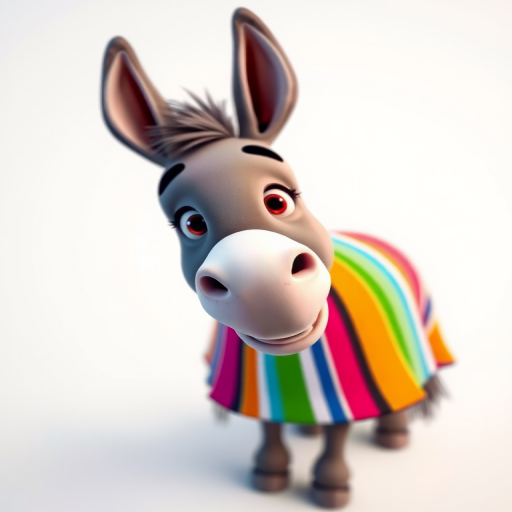 Create a vibrant and playful illustration of a cartoon donkey wearing a colorful striped poncho, focusing on a clean background with depth of field; camera settings: f/2.8 aperture, ISO 100, 1/250 sec shutter speed; camera view: eye level, camera style: realistic animation, camera type: digital SLR.