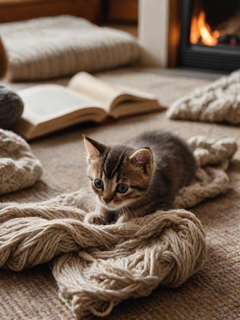 Close-up of a kitten pawing at a ball of yarn in a cozy living room, soft light from a nearby fireplace casting warm shadows, with a plush blanket and book scattered on the floor.