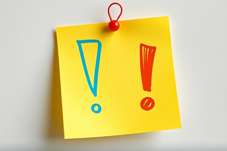 create a vibrant illustration of a yellow sticky note with bold red and blue exclamation marks, using a Canon EOS R5 camera, 24mm f/1.4 lens, aperture at f/2.8, ISO 100, f/2.8, with a shallow depth of field and natural daylight lighting to enhance colors and details