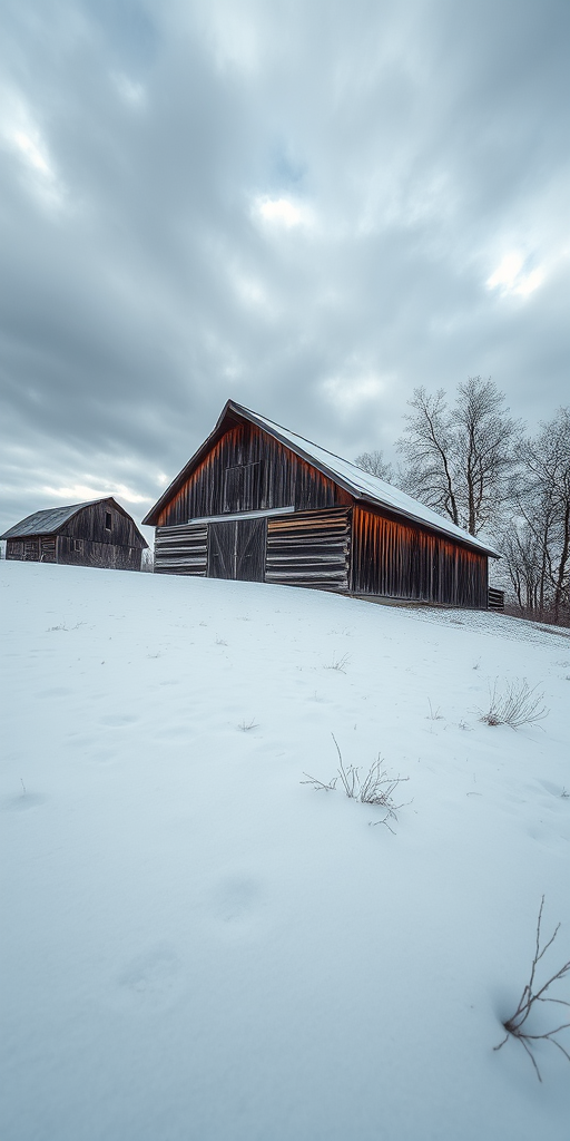 A rustic wooden barn on a snowy landscape with a clouded sky, captured in a wide-angle view with a DSLR camera, settings: aperture f/8, ISO 200, shutter speed 1/200s, emphasizing the details in the barn and the surrounding trees.
