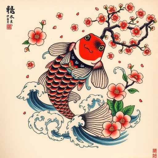 Traditional Japanese irezumi tattoo named "Koi Ascension" featuring a large, colorful koi fish swimming upstream through swirling waves and cherry blossoms, symbolizing perseverance and transformation in a bold and timeless style