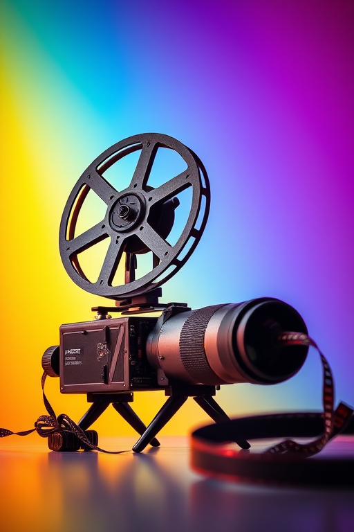 create an abstract image featuring film reels and a projector against a vibrant gradient background of rainbow colors using a DSLR camera with a 50mm lens, aperture f/1.8, ISO 100, shot from a low angle to emphasize depth and detail in a high-resolution format