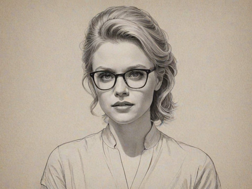 Alluring Kate McKinnon, pencil sketch, portrait of Exquisite woman 1961s in glasses, hair style beatnik, outline, clear lines, fine lines, 8k