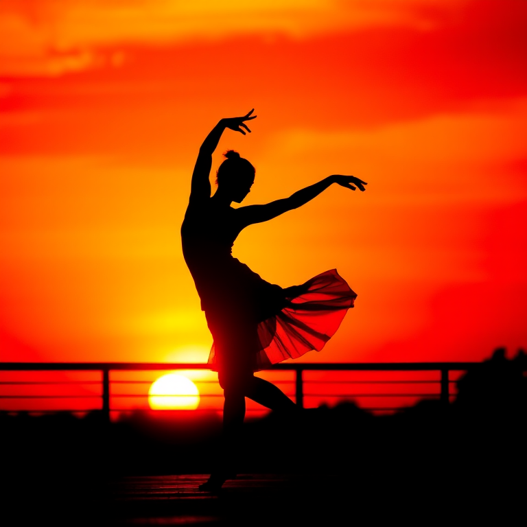 Capture a silhouette of a dancer in mid-action against a vibrant sunset background, using a DSLR camera with a 50mm lens, aperture set at f/1.8, ISO 100, and a shutter speed of 1/200s, shot from a low angle to emphasize movement and grace.